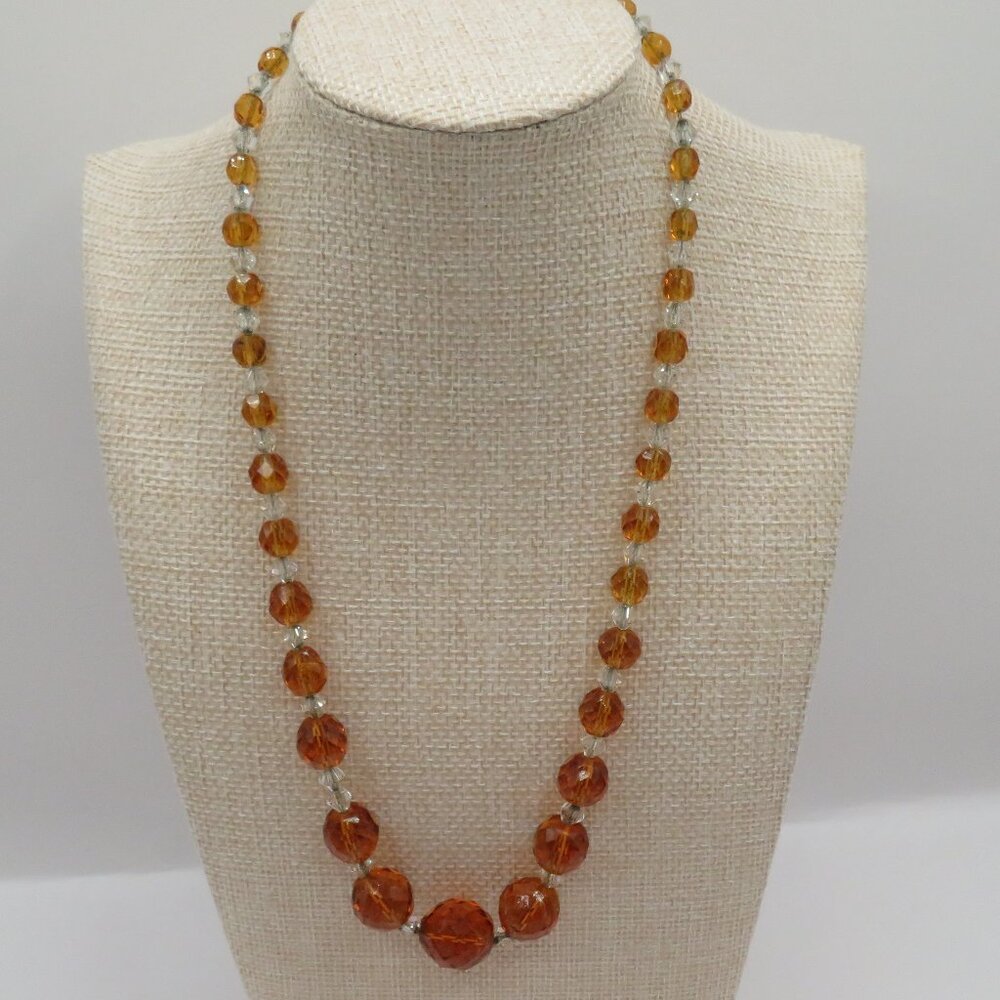 Faceted AB Style Clear to Amber Color Graduated Beaded Glass Necklace on Chain